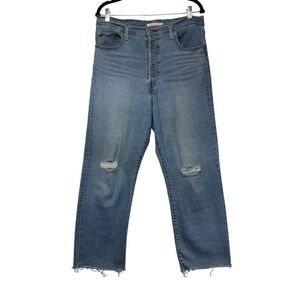 Levis Ribcage Straight Ankle Jeans Womens 32 Medium Wash Distressed Button Fly